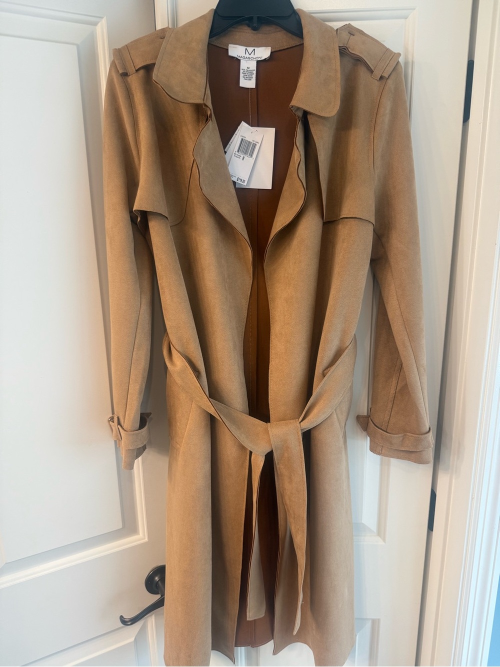 Magaschoni Camel Faux-Suede Trench Coat with Self-Tie Belt
